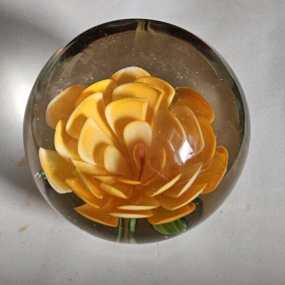 Vintage Round Orange Bloom Art Glass Sphere Paperweight - Picture 2 of 3